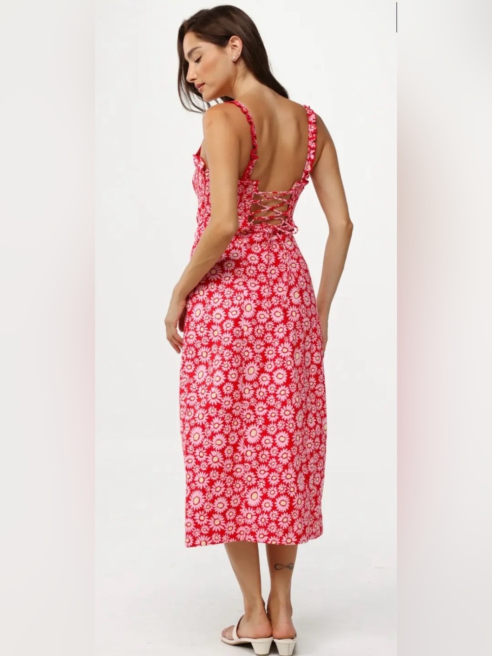 🍅🌼FREE PEOPLE Lucinda Midi Sundress Tomato Daisy Bright Red Floral Lace-Up XL - Picture 7 of 16